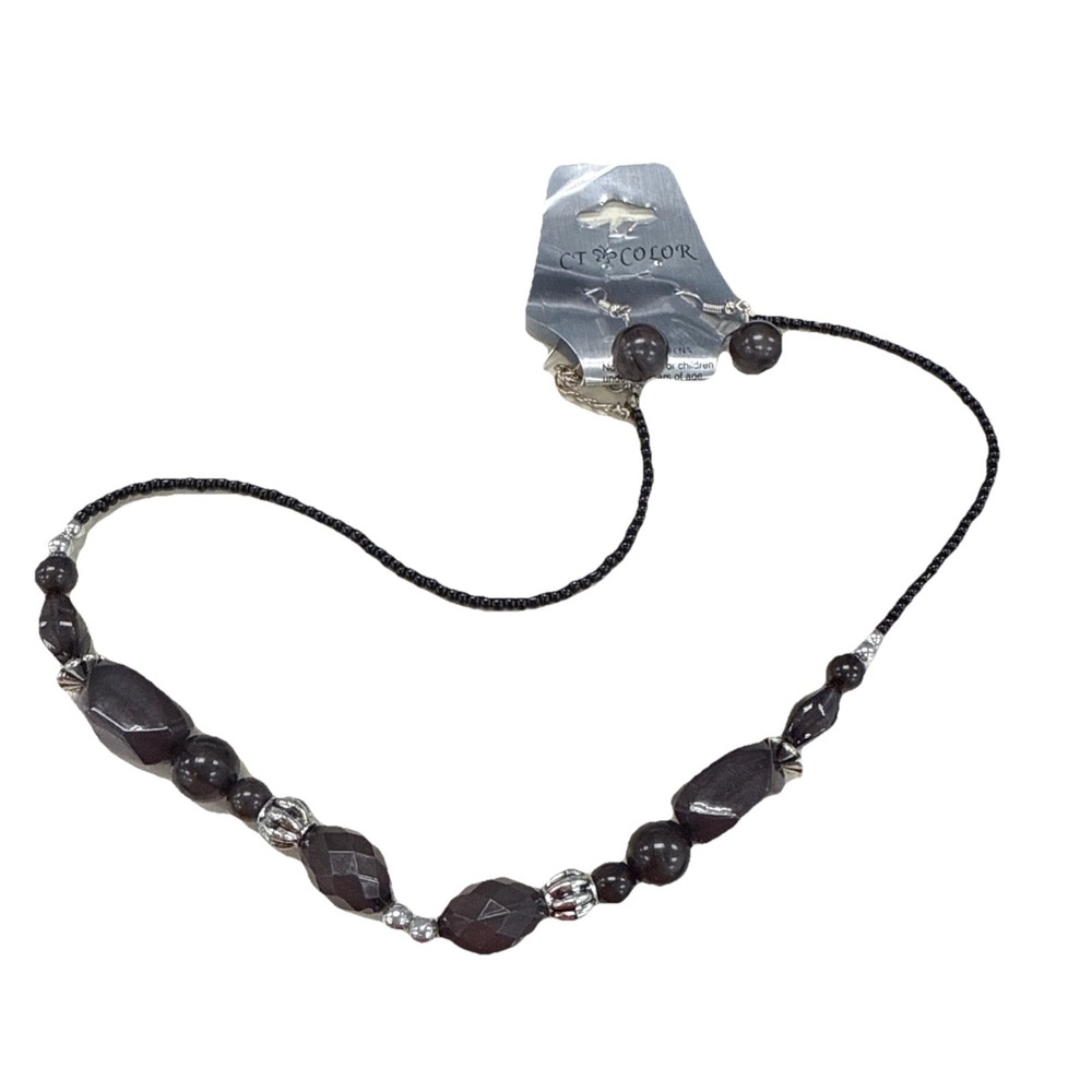 CT Color Dark Gray w/Silver &‎ Brown Bead Necklace/Earrings Set. E1-5